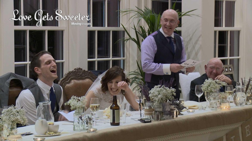 A bride and groom react to a father of the bride speech at Mitton hall where he makes a joke about the bride's wind...