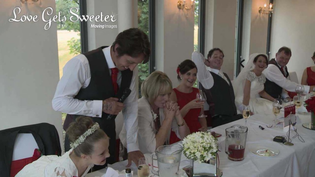 the whole top table are filmed laughing during a best man speech at a wedding at the west tower in Lancashire