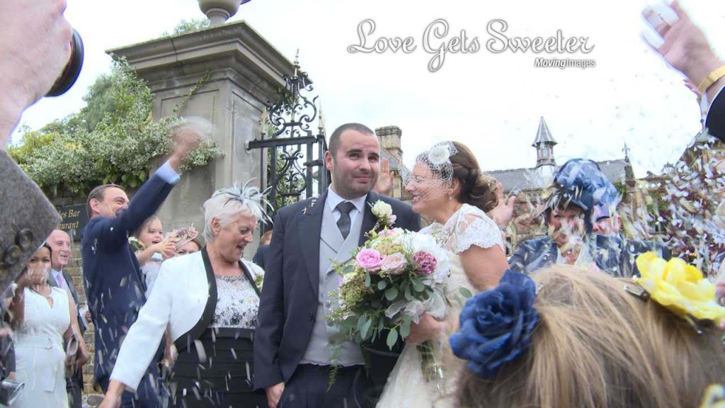 soughton hall bride and groom covered in confetti