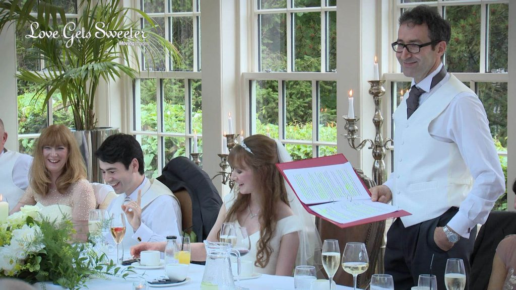 father bride speech has everyone on the top table laughing at this Mitton Hall wedding reception