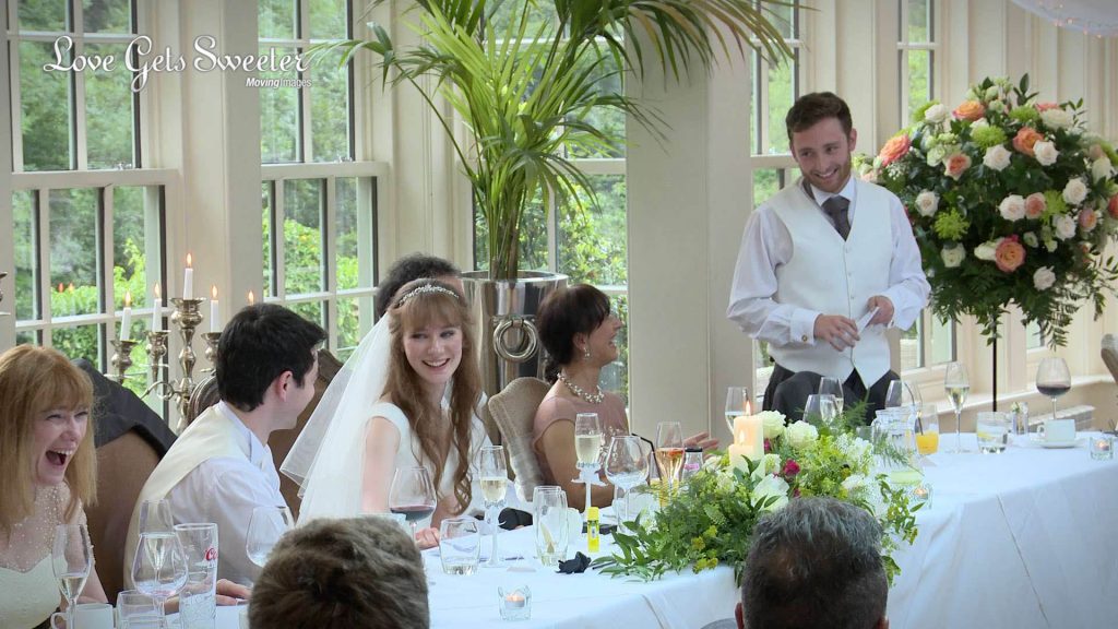 the best man tells a funny story about the groom during the wedding speeches at mitton hall