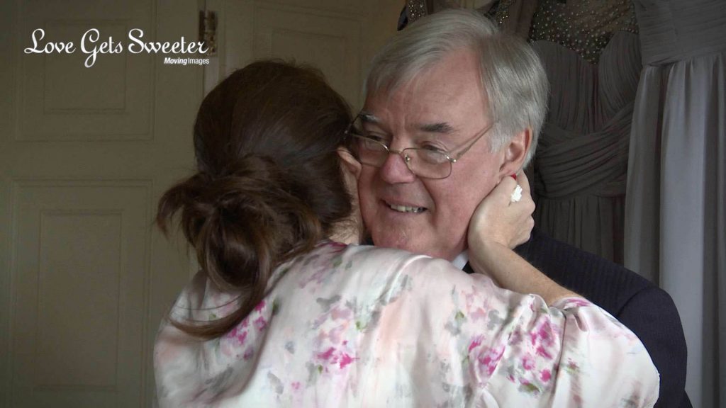 bride and Dad having a kiss before wedding