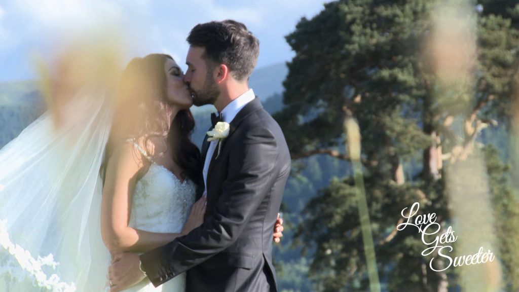 bride and groom kissing for the wedding videographer lakeside