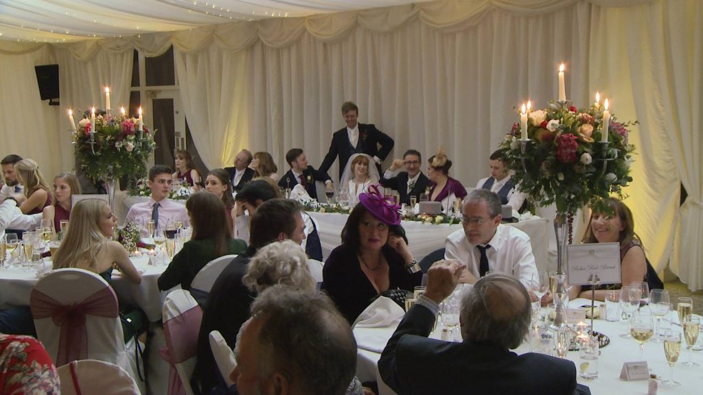 a wide shot of a wedding reception at the villa pavilion at wrea green near preston