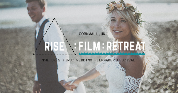 rise film makers retreat in cornwall advert poster with bride holding hands with a groom walking along a beach with a flower crown