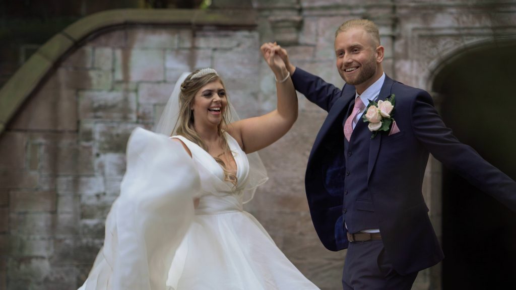 a bride and groom enjoy a pretend dance during a photo and video shoot at thornton manor