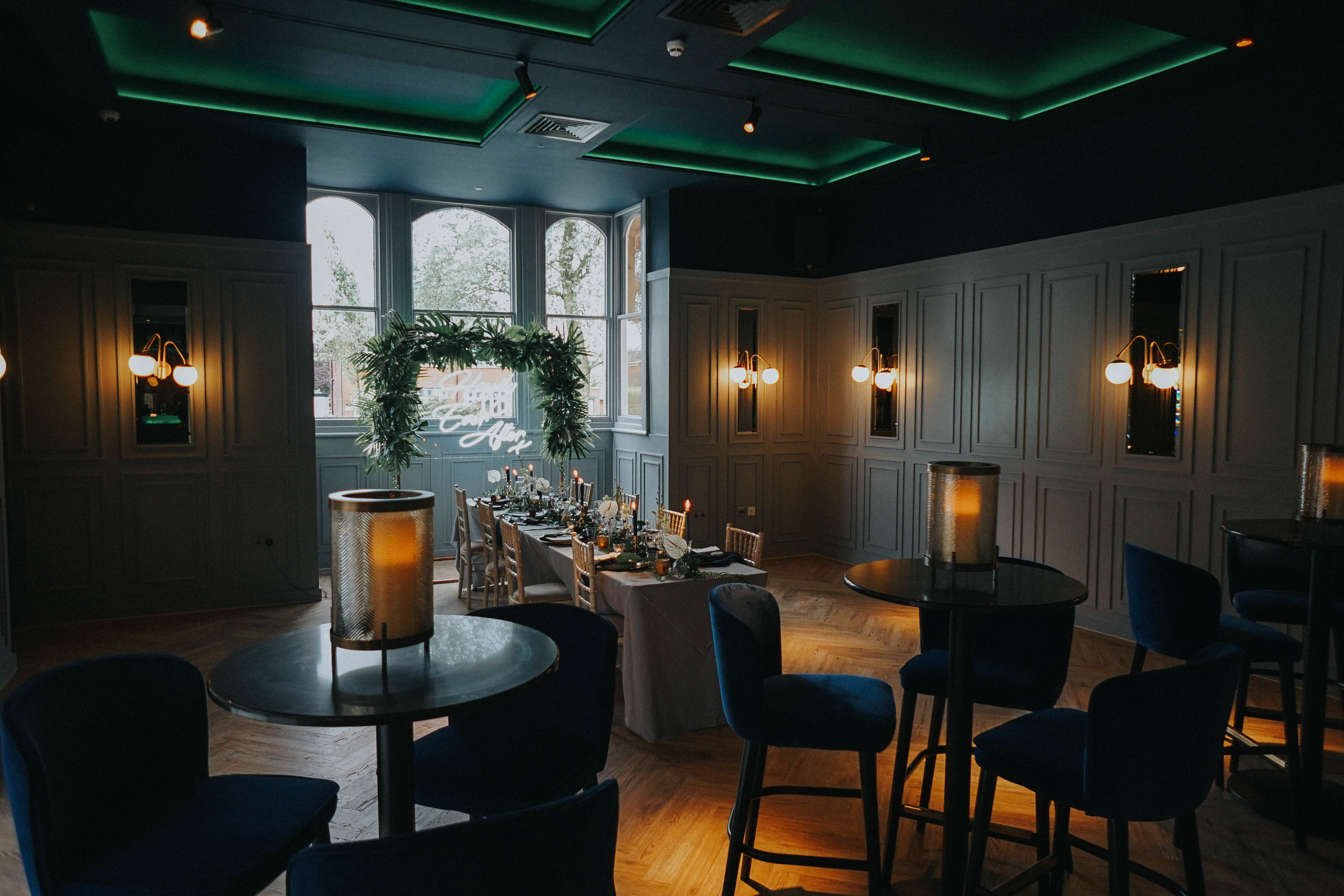 a wide photograph of the romantic library room at Albert's in Standish Lancashire