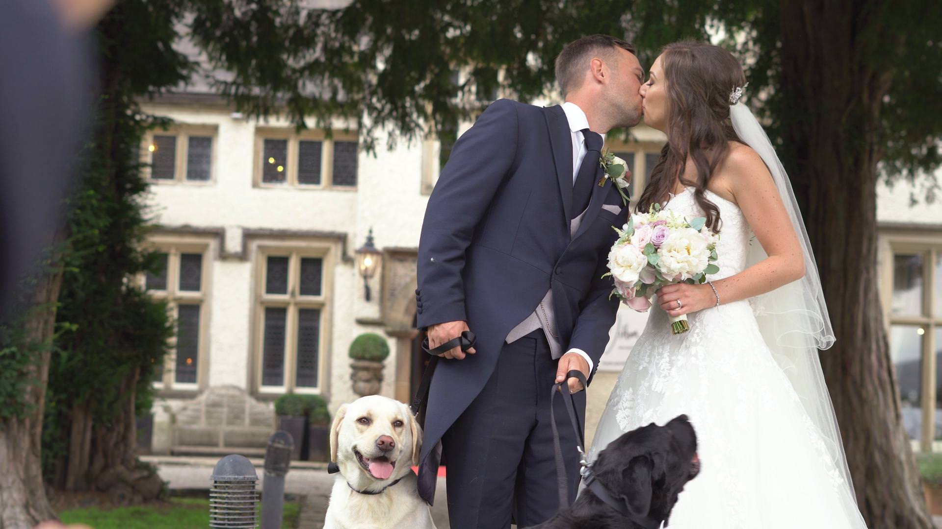 a bride and groom kiss for a photo outside Mitton Hall with their two Labradors