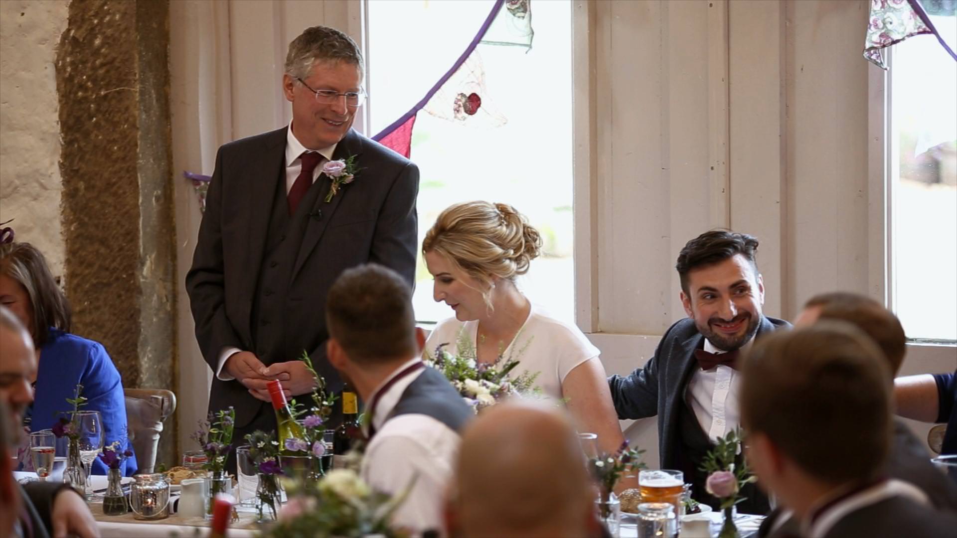 groom looks shocked during father of the bride speech at Wyresdale
