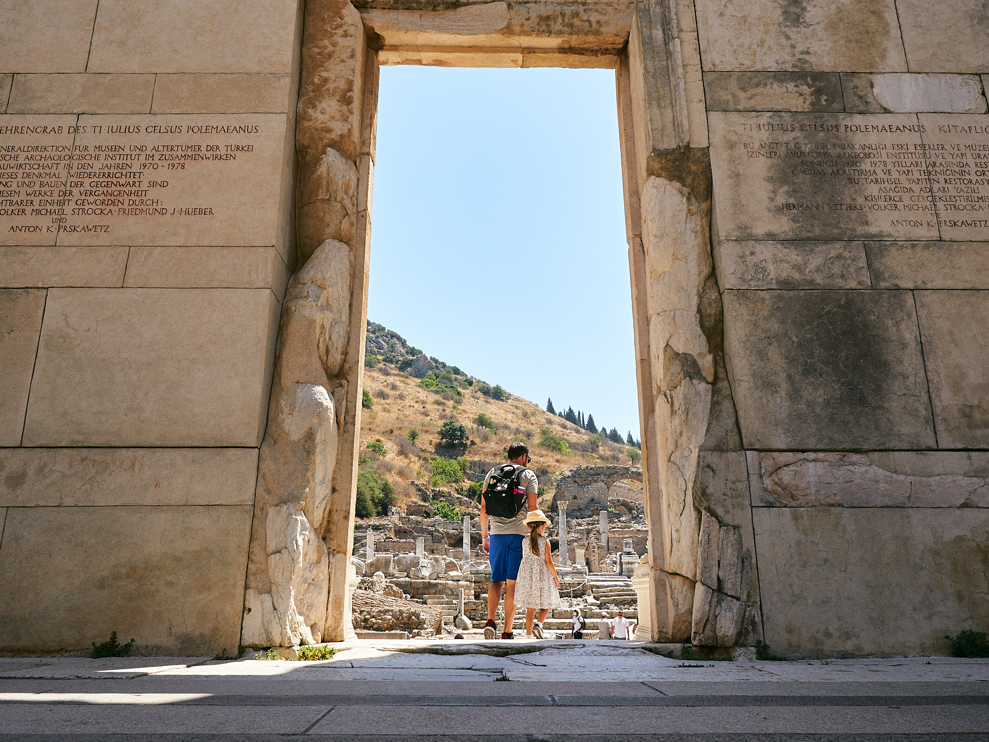 family explore Ephesus library during coronavirus holiday