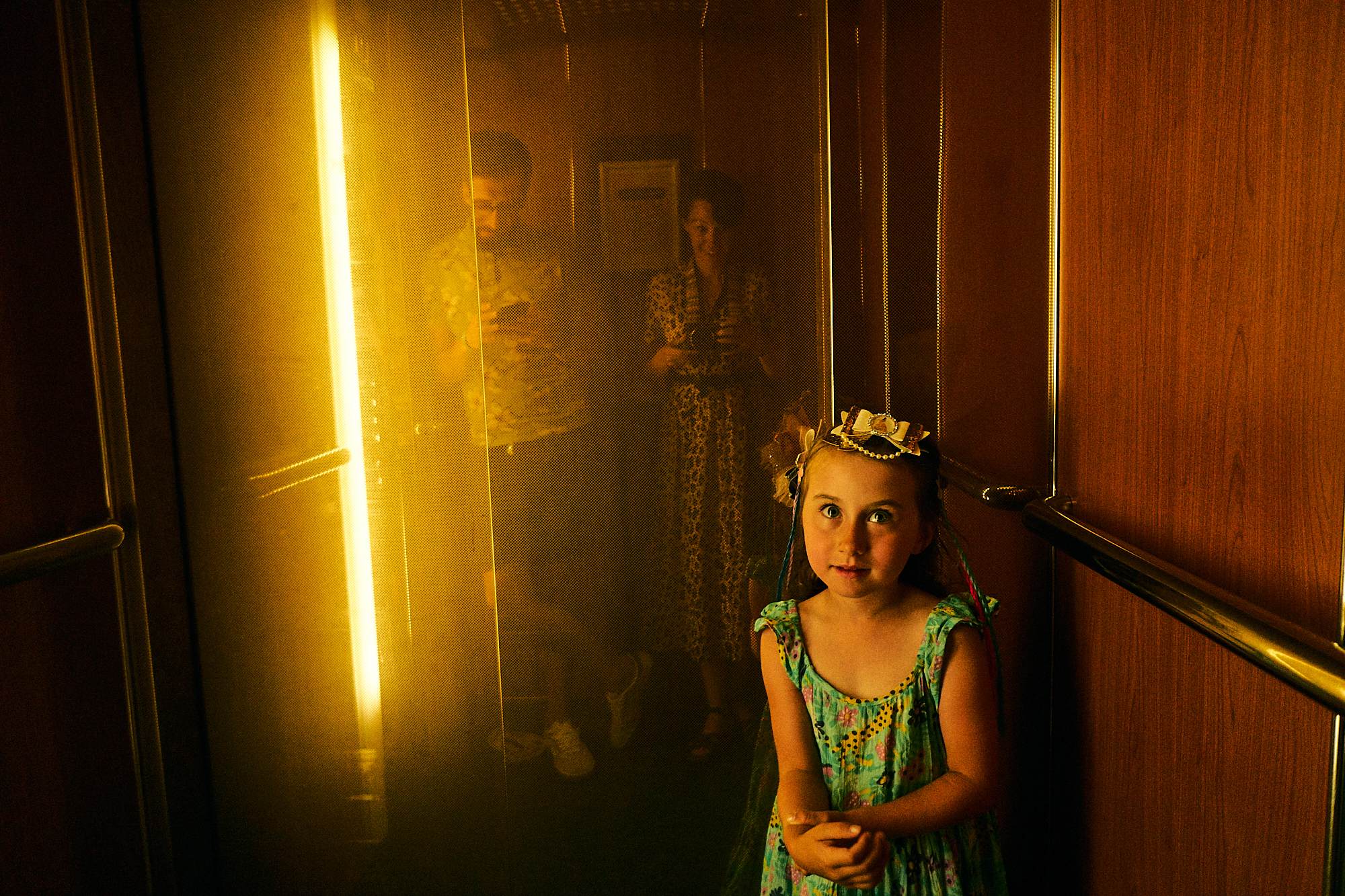 family portrait in lift during holiday
