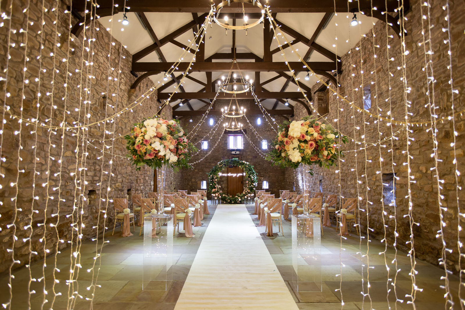 fairy lights inside Browsholme Tithe Barn Lancashire
