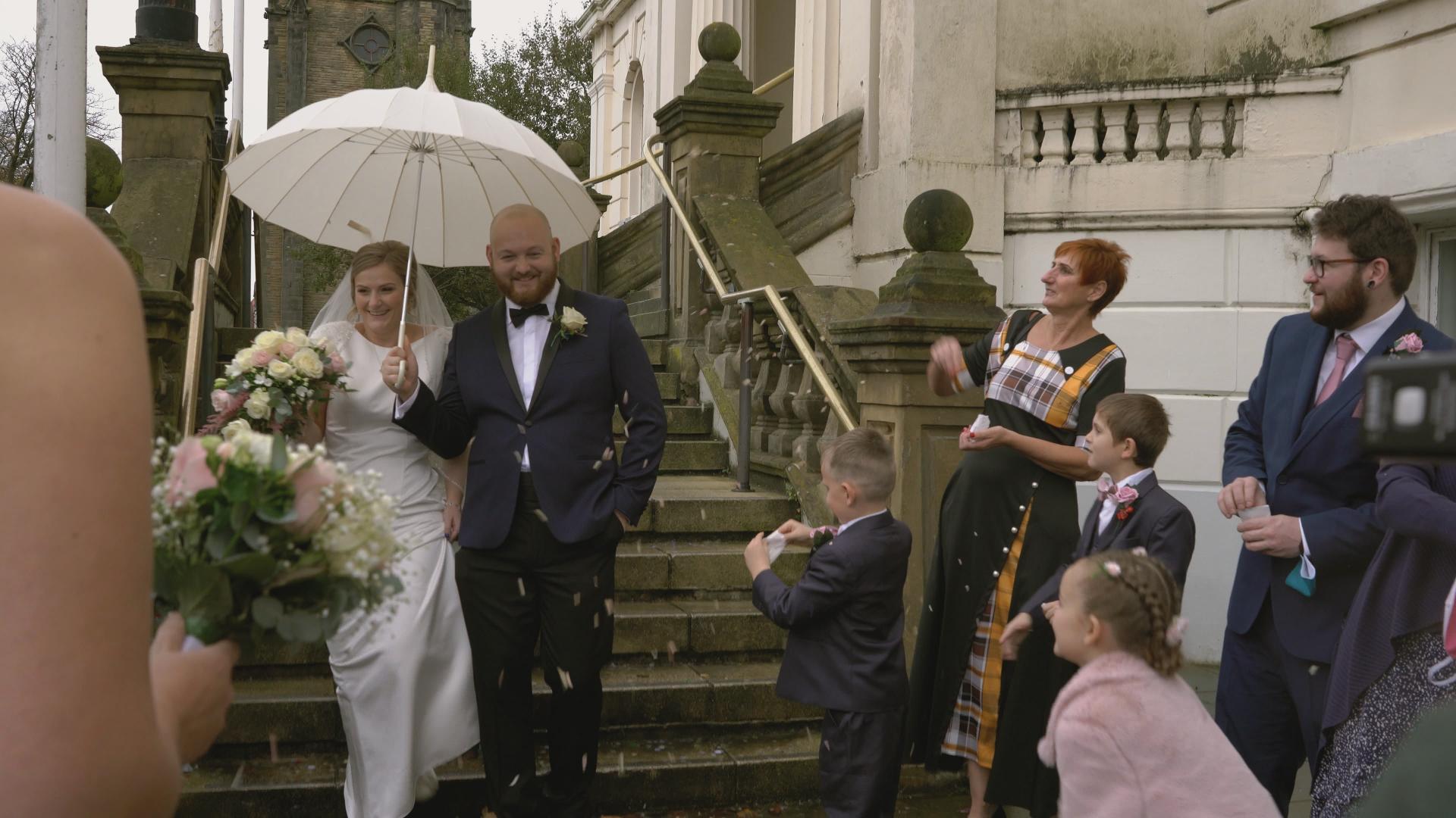 confetti for wedding video outside southport Town hall