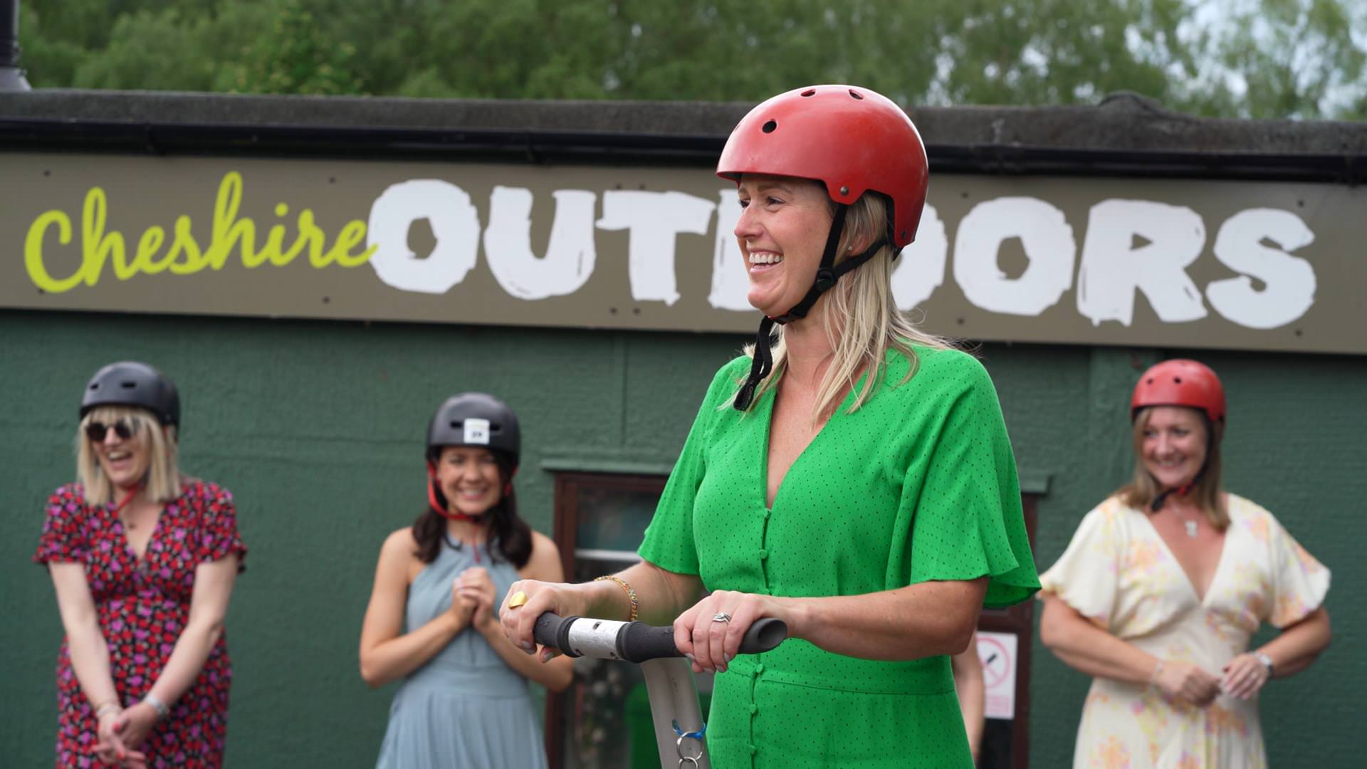 wedding guests smiling on segways
