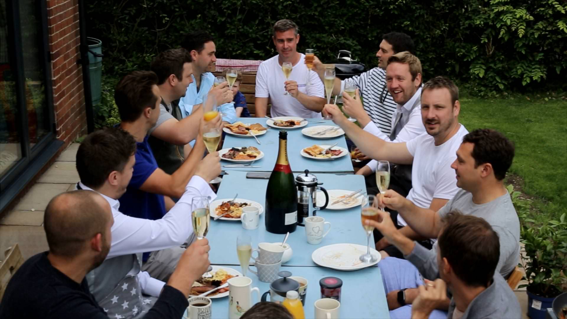 groom enjoys breakfast on wedding morning