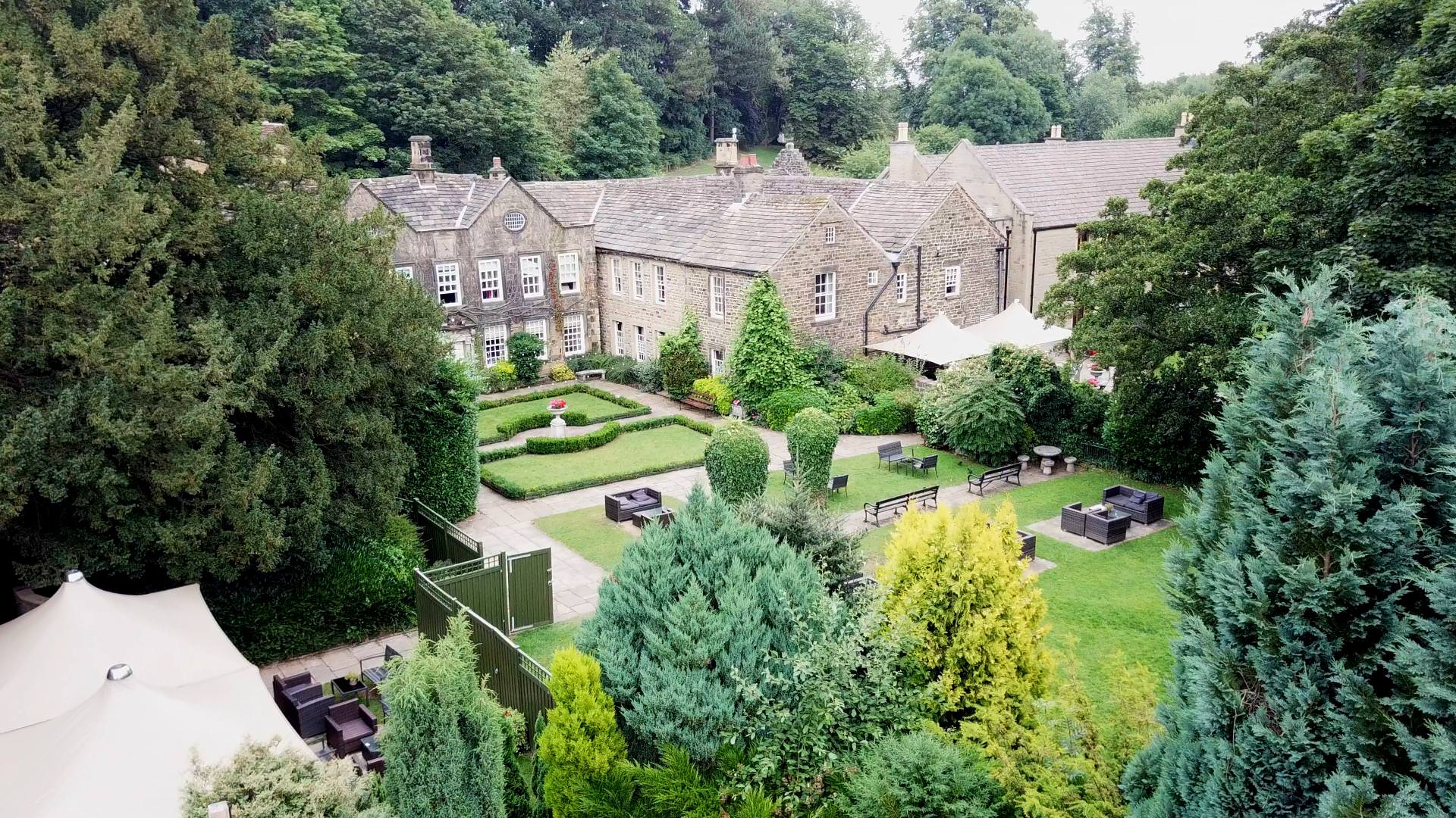 aerial drone view of whitley hall wedding venue