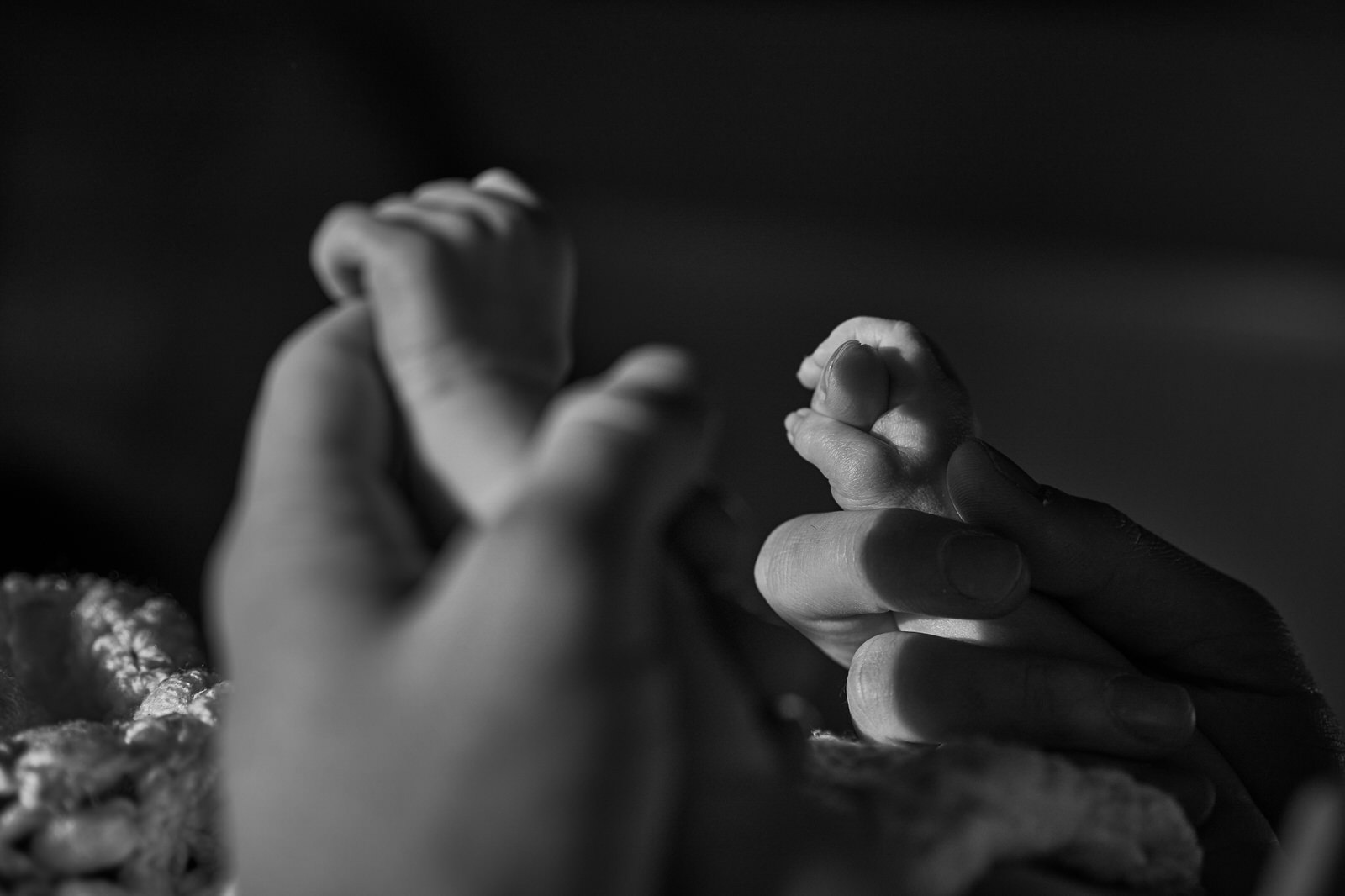 close up of newborn baby hands holding dads finger