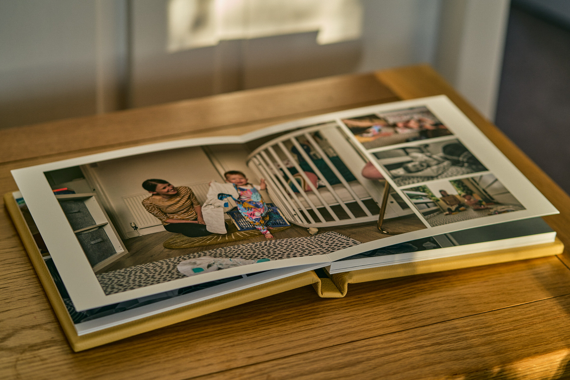 honey yellow family photo album on desk