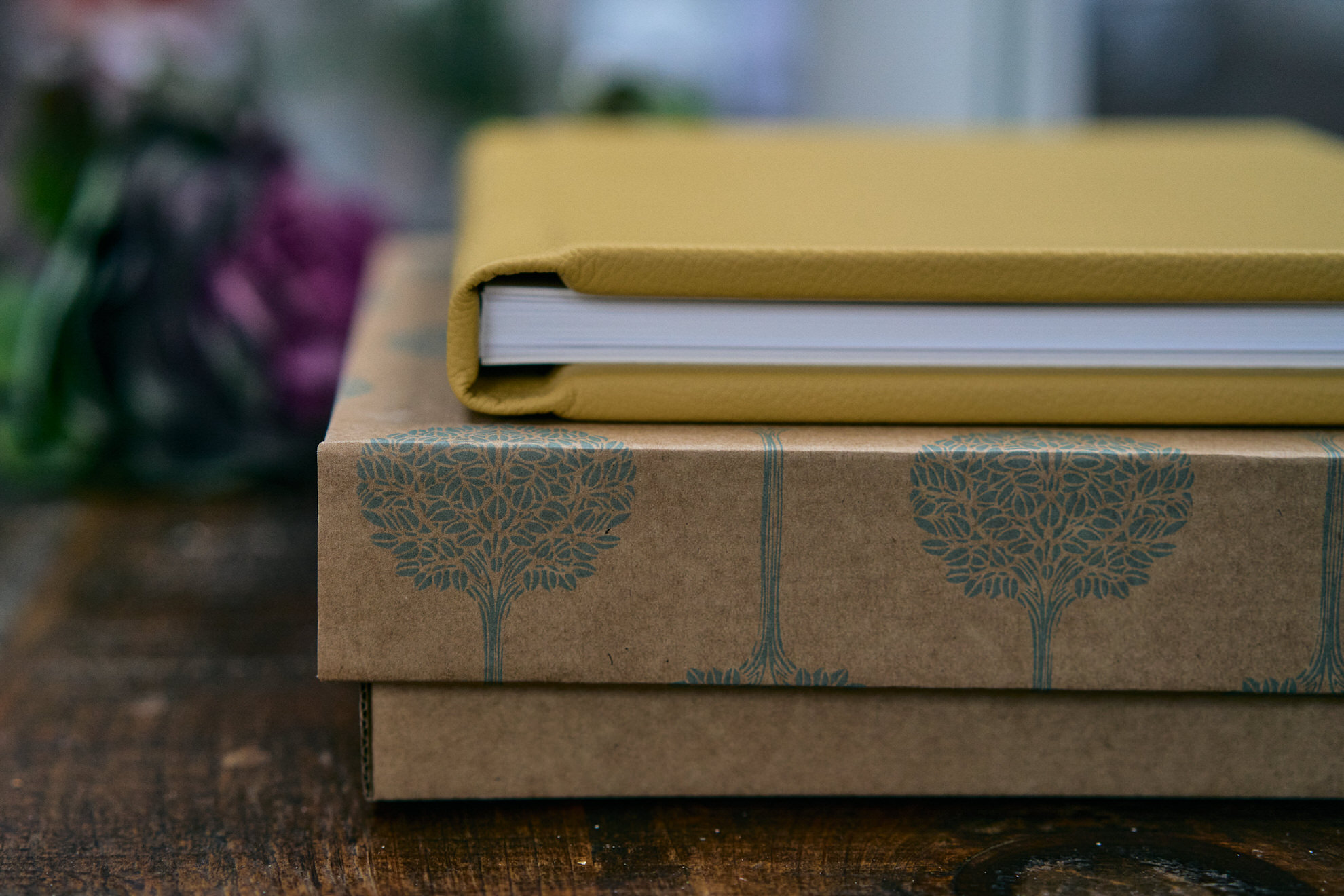 honey yellow folio album on kraft box