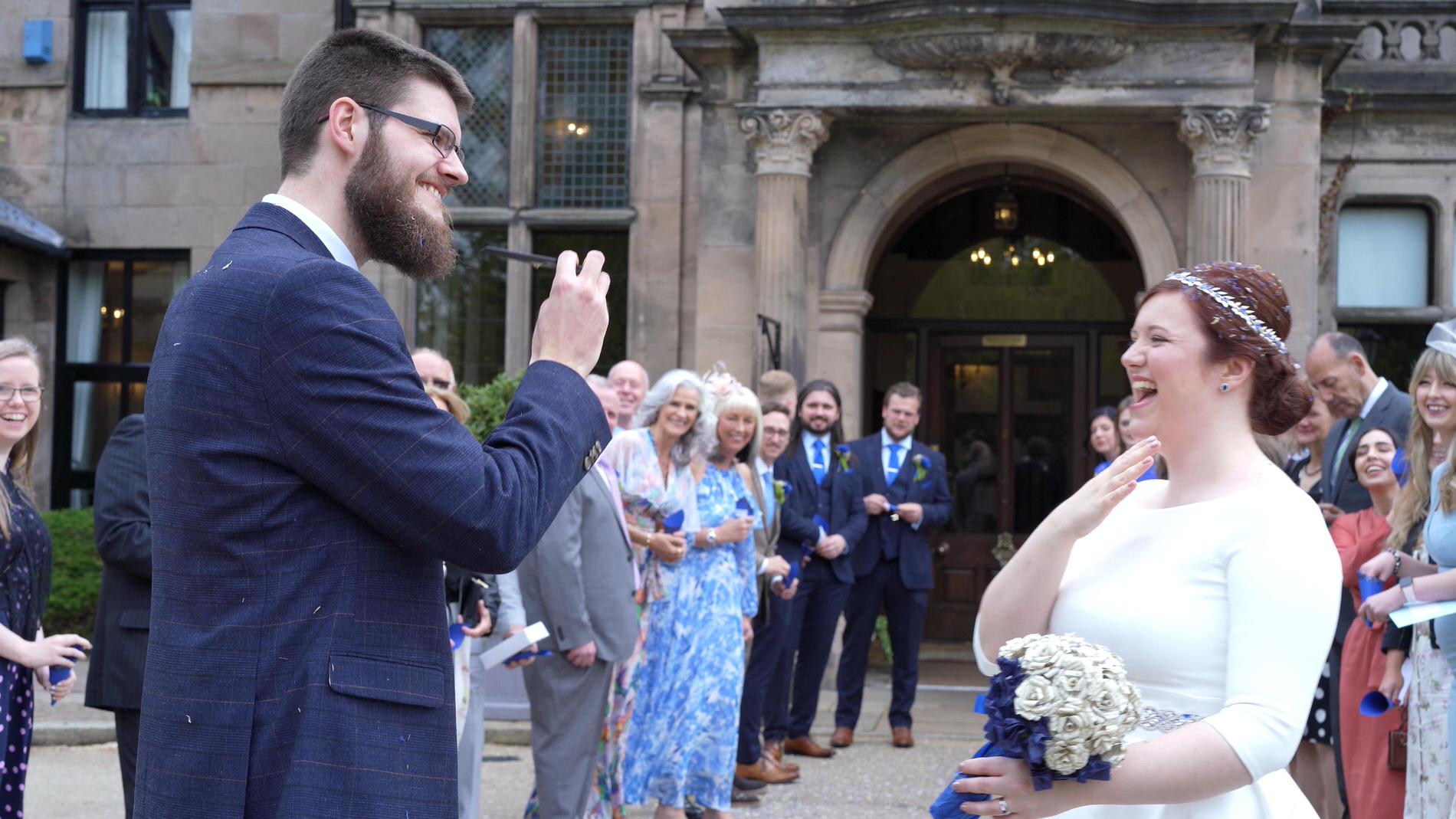 groom combs confetti out of his beard