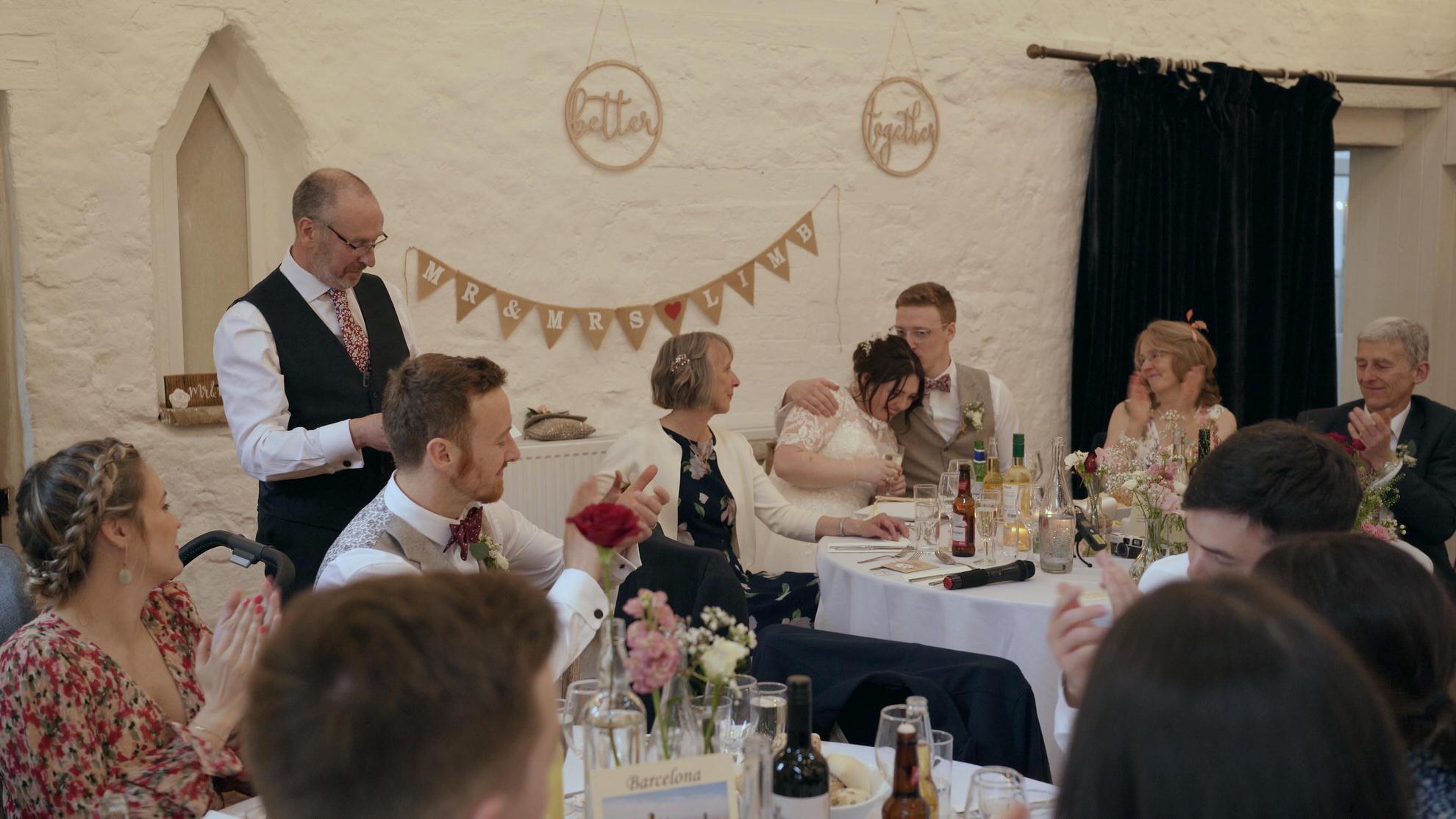 bride gets emotional during speeches at Wyresdale Park