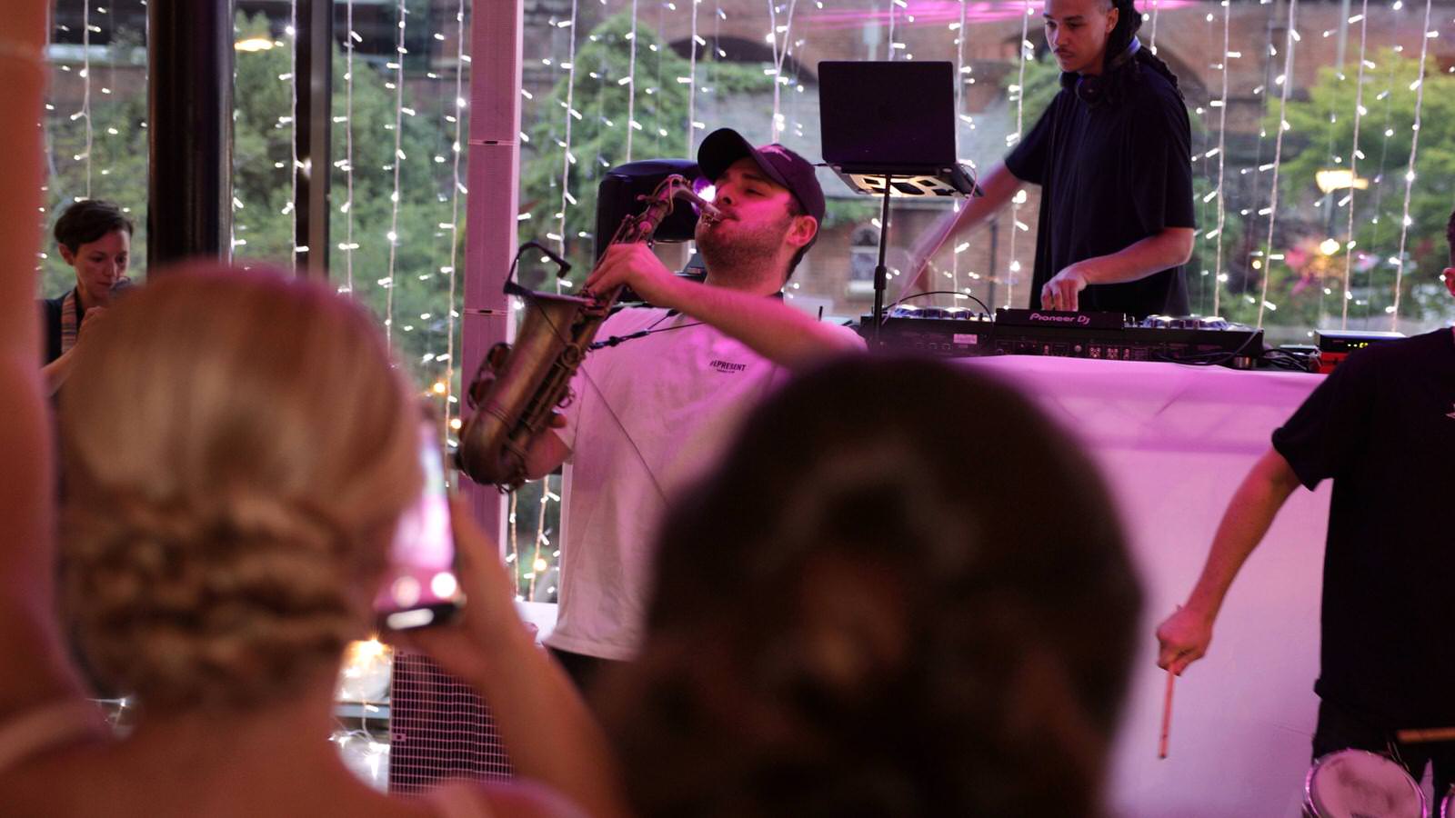 Six16 sax player performs at The Castlefield Rooms Manchester wedding