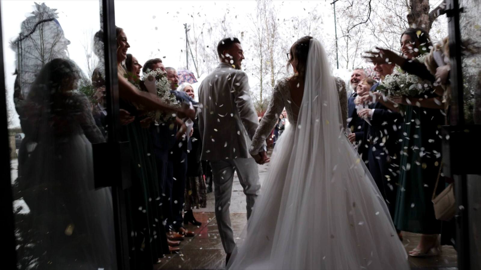 snow like confetti being thrown outside styal lodge