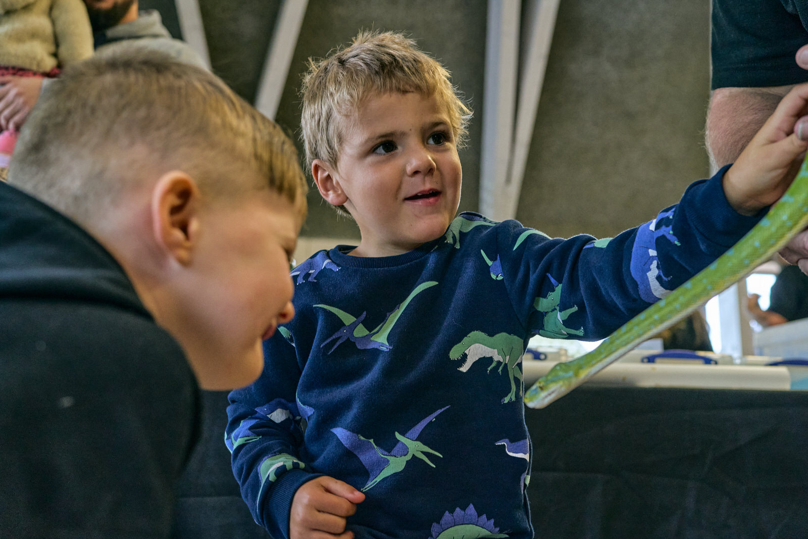 two boys reach out to touch a snake