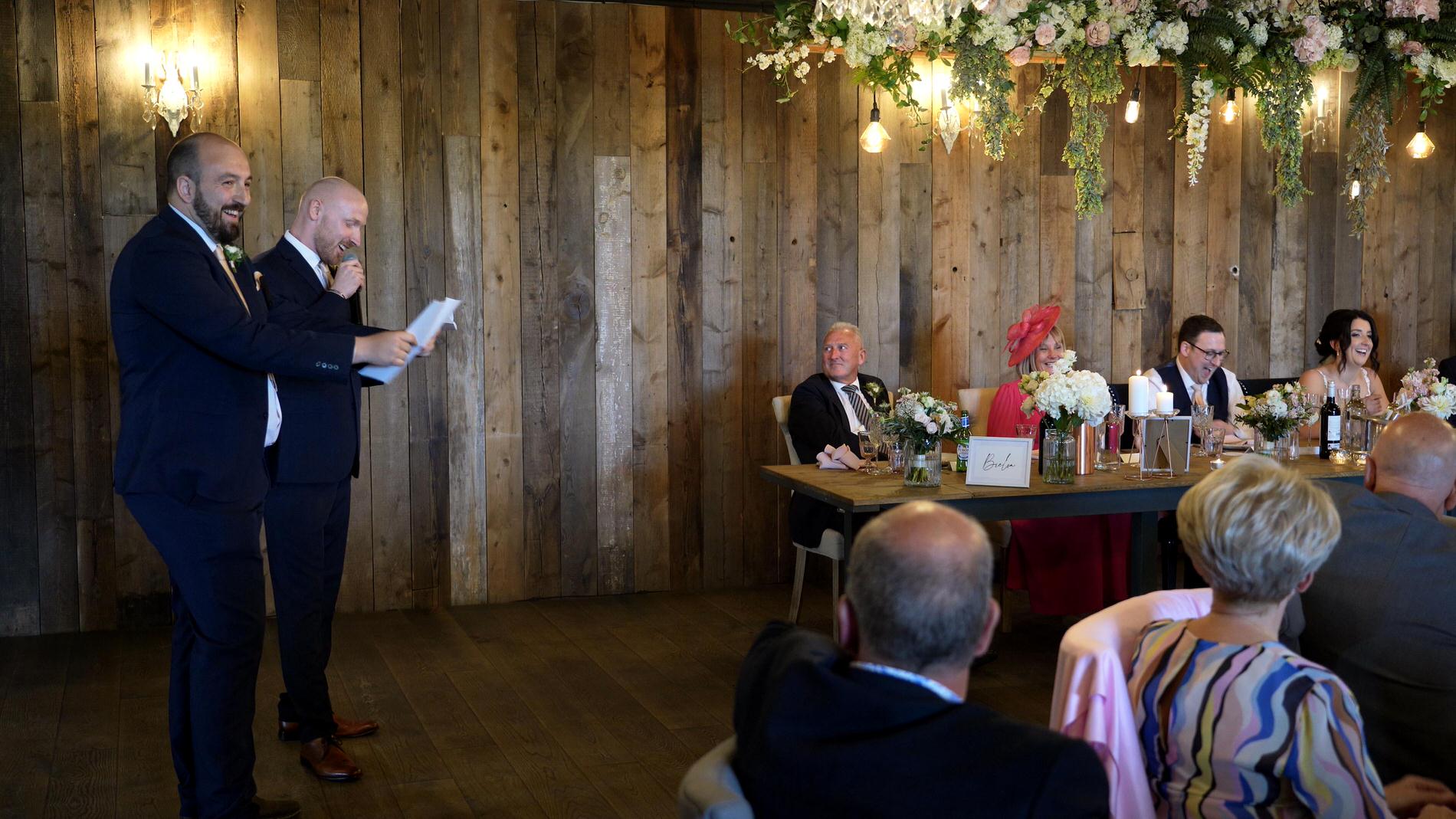 best men make the top table laugh during speeches at Wharfdale Grange