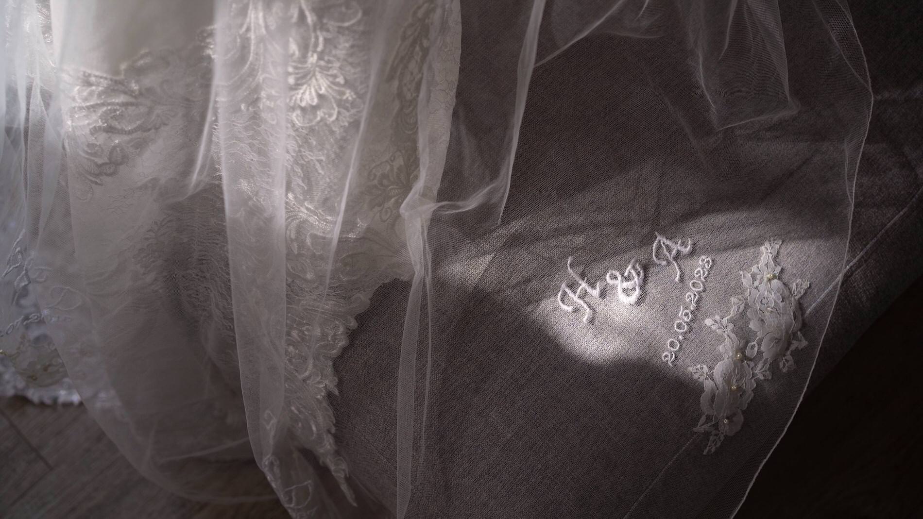 personalised embroidered wedding veil in beautiful sunlight