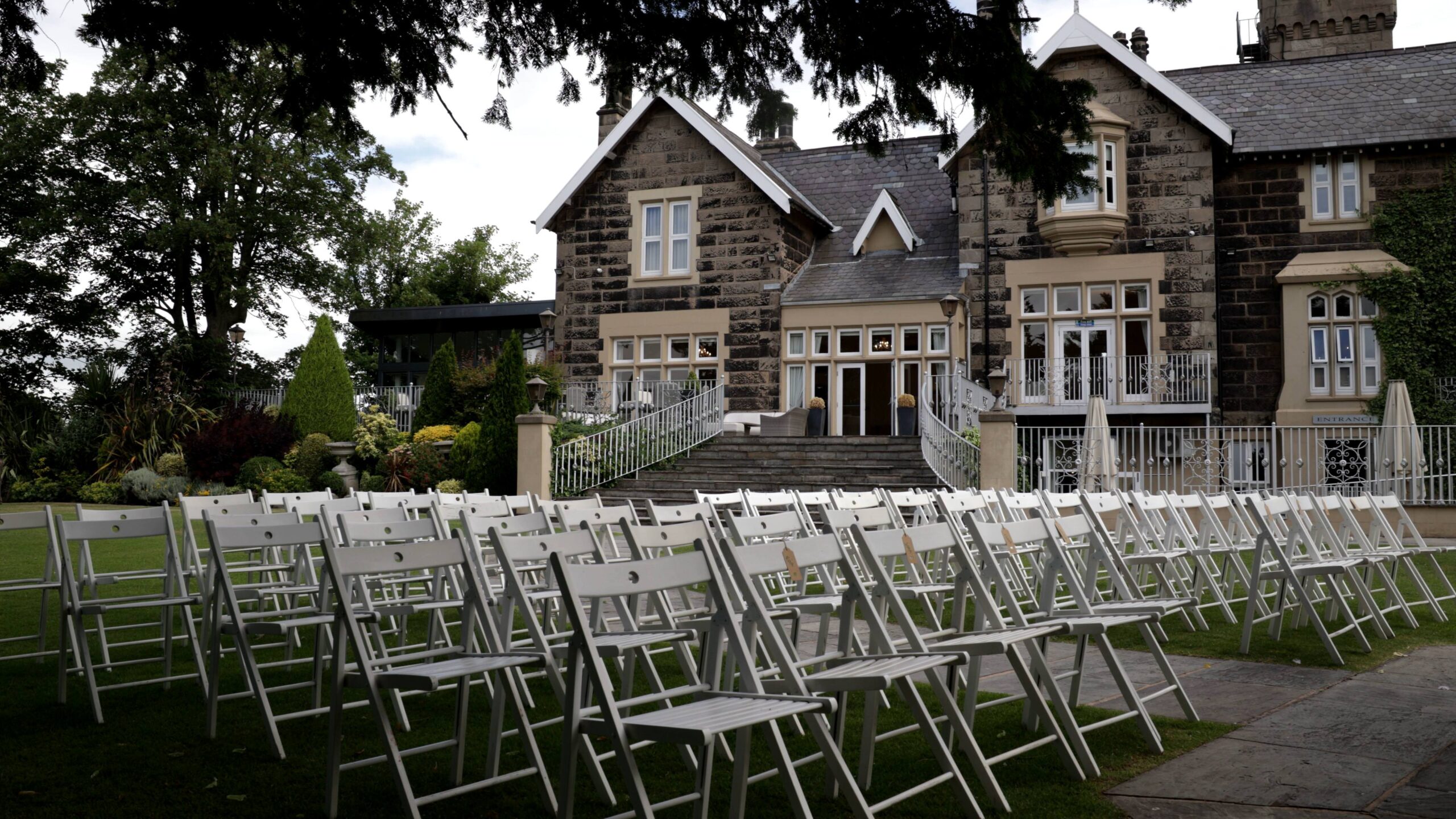shot of an outdoor ceremony set up outside west tower
