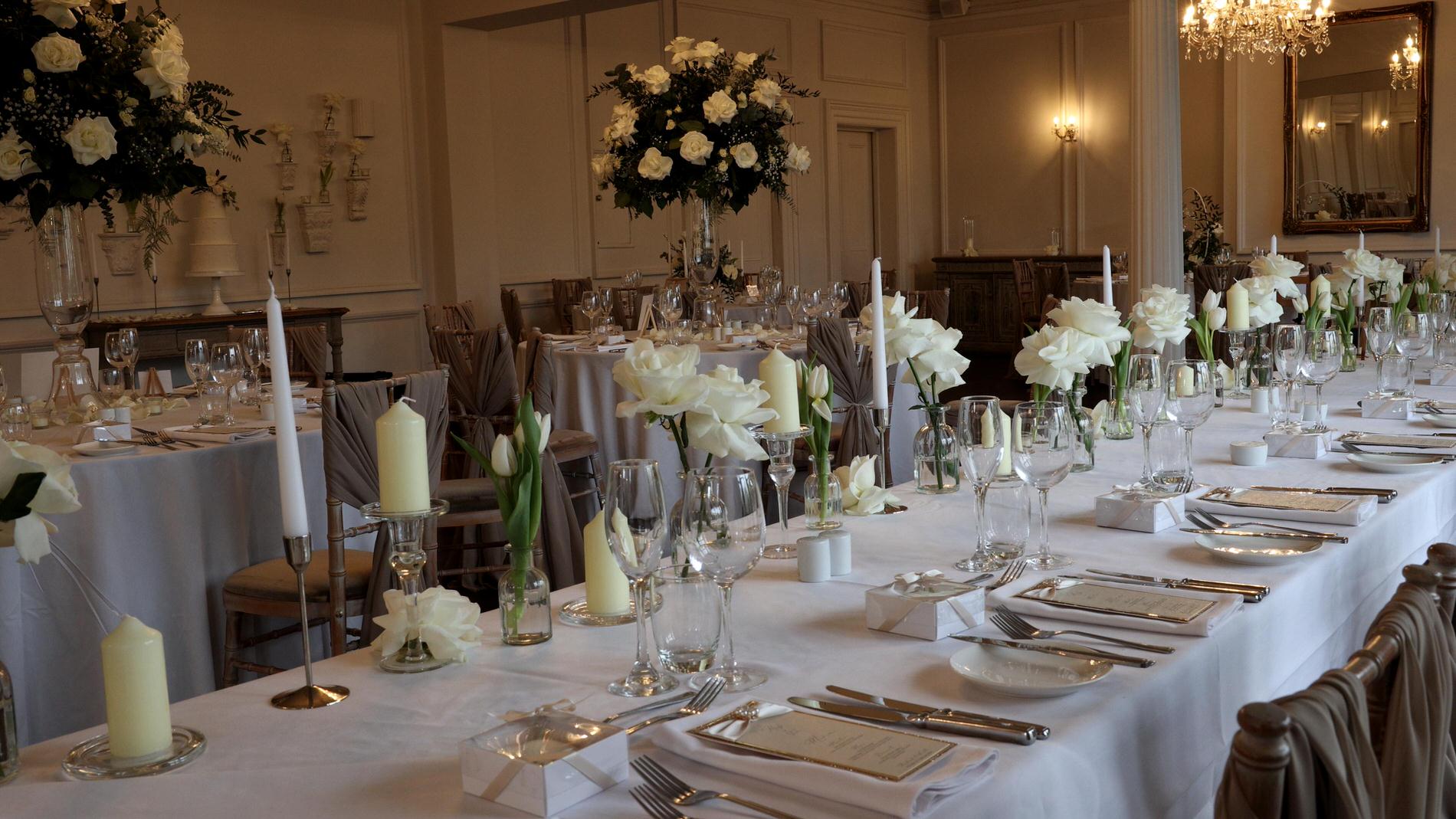 a classic neutral white and cream wedding reception at Ashfield House Standish