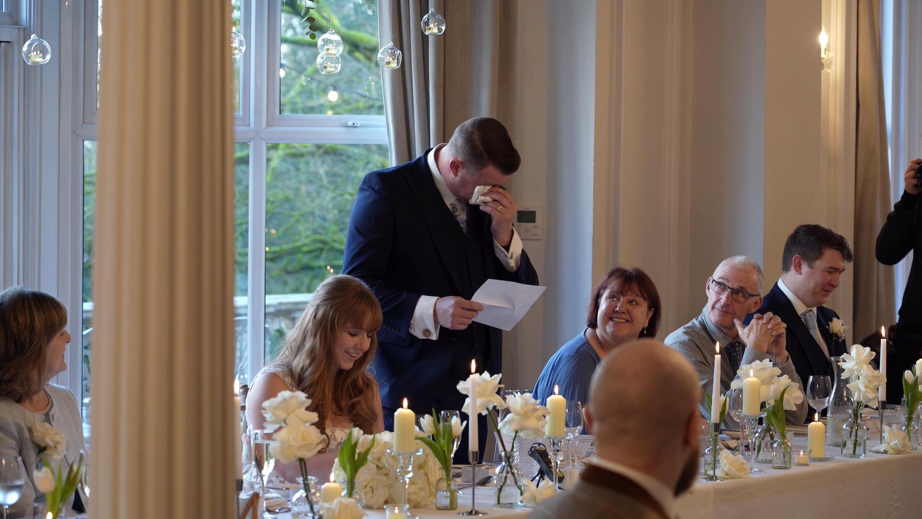 a video still of an emotional grooms speech at Ashfield House Standish