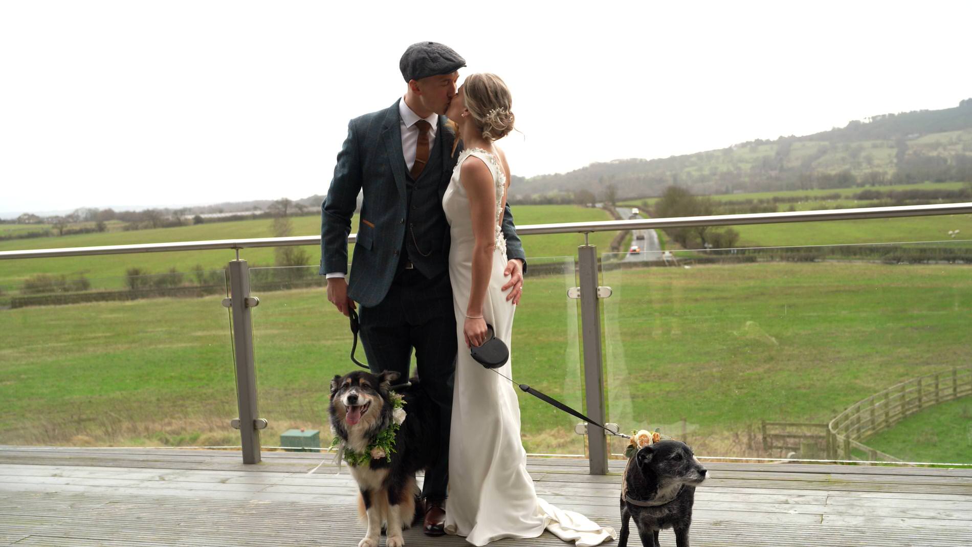 the couple pose with their dogs dressed in wedding flowers on the balcony at Bashall Barn