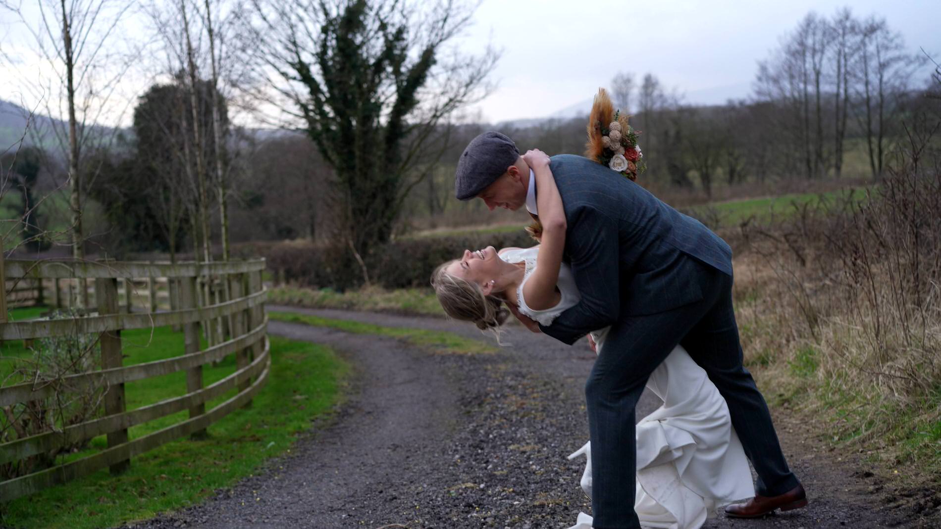 the couple have fun during their photo and videos outside Bashall