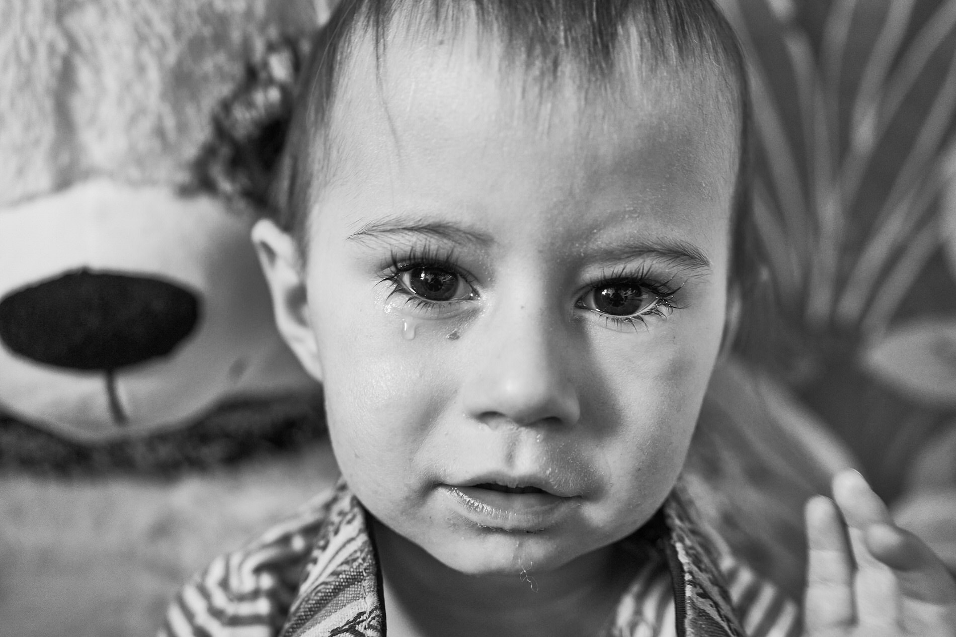 a little toddler looks like he's been crying with a tear on his cheek