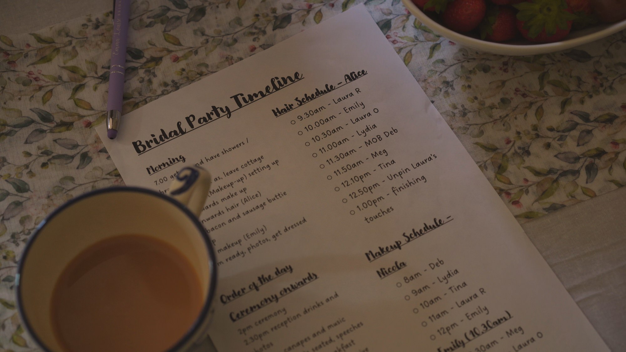 a very organised wedding itinerary printed out for the wedding morning