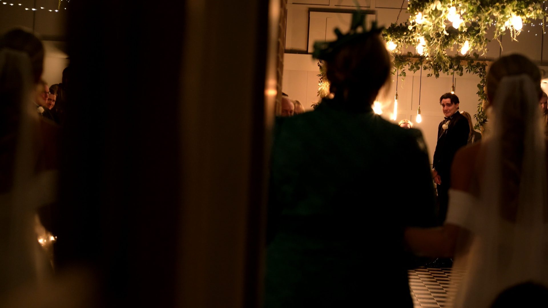 another video angle of a bride walking down the aisle at Larkspur Lodge in Cheshire