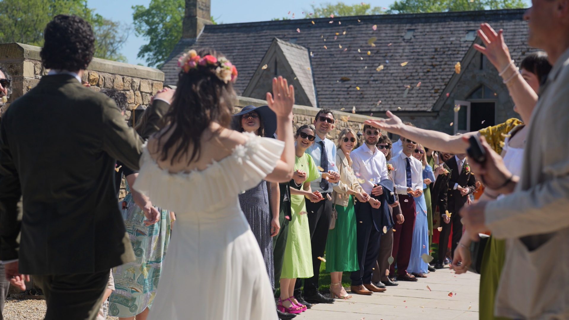 a candid shot of the wedding confetti outside Wyresdale Park
